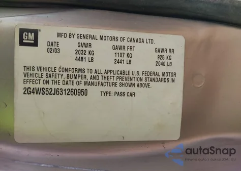 2003 Buick Century Custom из США, поврежденный, VIN 2G4WS52J631260950